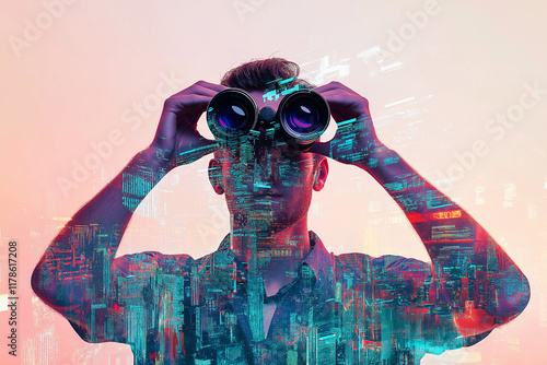 Double exposure image of a man using binoculars, superimposed with a vibrant cityscape at night. Symbolizes urban exploration, future vision, and discovery.