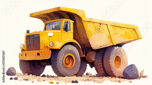 truck, A watercolor illustration of a yellow dump truck on rocks, in a clipart style with a white background, very simple and minimalistic, with clean edges and soft colors, suitable for children's b photo