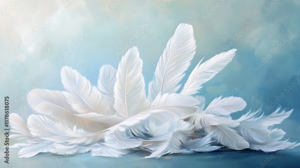 Naklejka premium Soft, white feathers arranged on a light blue background.