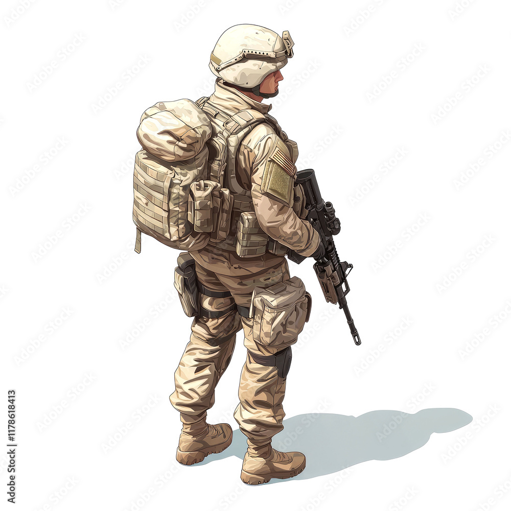 A soldier standing guard, fully equipped with tactical gear and rifle, ready for action. Military, army, combat, and defense imagery. A soldier standing guard, fully equipped with tactical gear and rifle, ready for action. Military, army, combat, and defense imagery.
