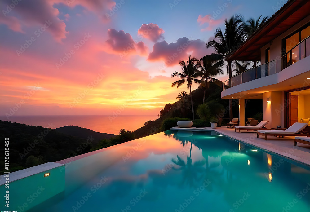 Fototapeta premium Modern Villa with Stunning Pool Views of Tropical Sunsets.