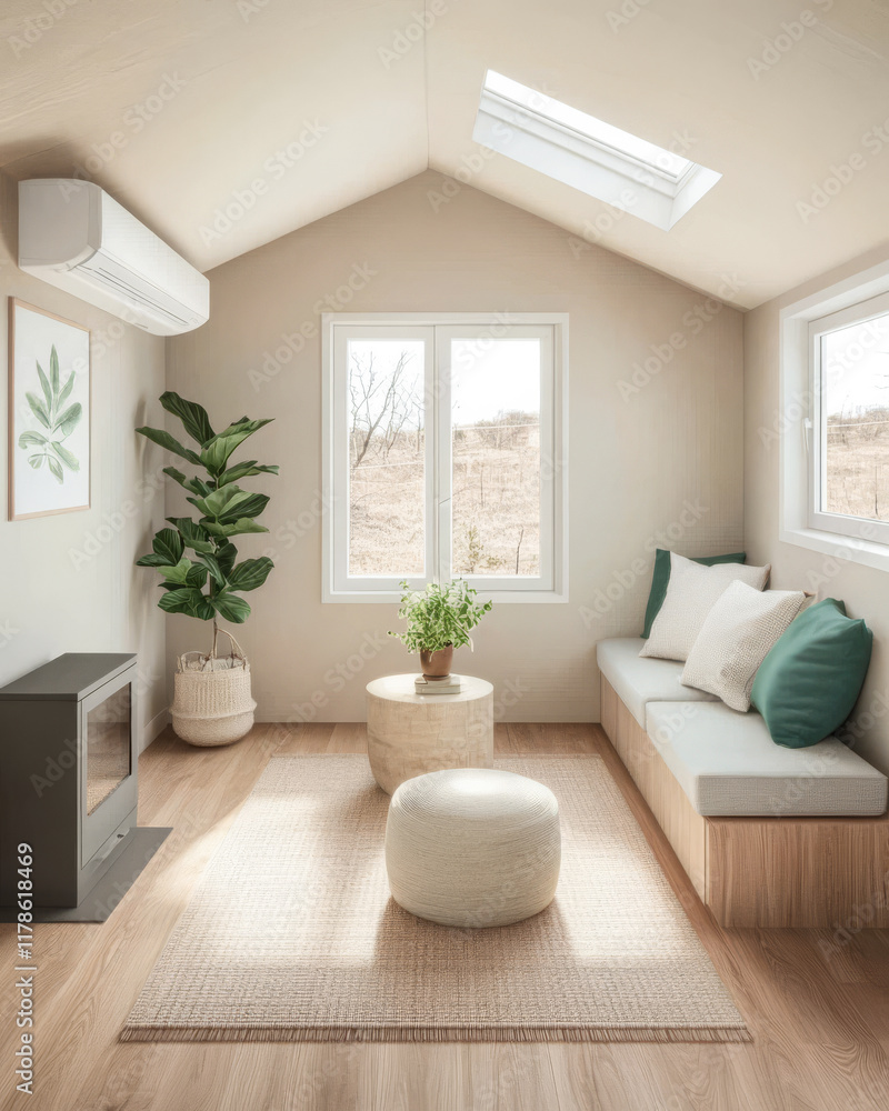 Fototapeta premium Modern minimalist living room with natural light and cozy decor elements