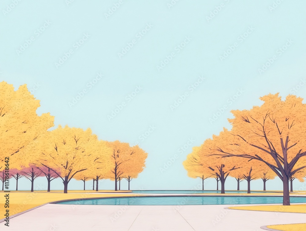 Serene Autumn Park: Softly Lit Digital Illustration in a Minimalist Style. AI Generated