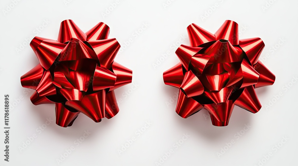 A top view of two red ribbons elegantly isolated on a white backdrop, their glossy texture and vibrant color making them perfect for holiday or gift-themed photos. A top view of two red ribbons elegantly isolated on a white backdrop, their glossy texture and vibrant color making them perfect for holiday or gift-themed photos.