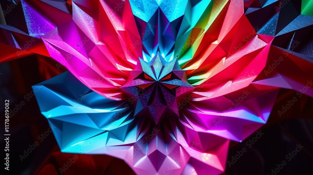 Obraz premium Dramatic, cinematic image of intricate origami-style colorful waves radiating from a central point, interwoven with holographic textures and geometric shapes. Neon gradients contrast with dark metall