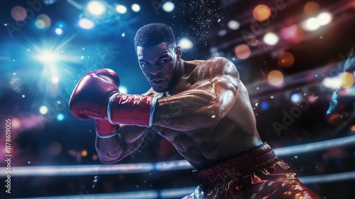 Boxer in ring delivering a powerful uppercut, the intensity of their motion highlighted by glowing lights and a roaring crowd in the background photo