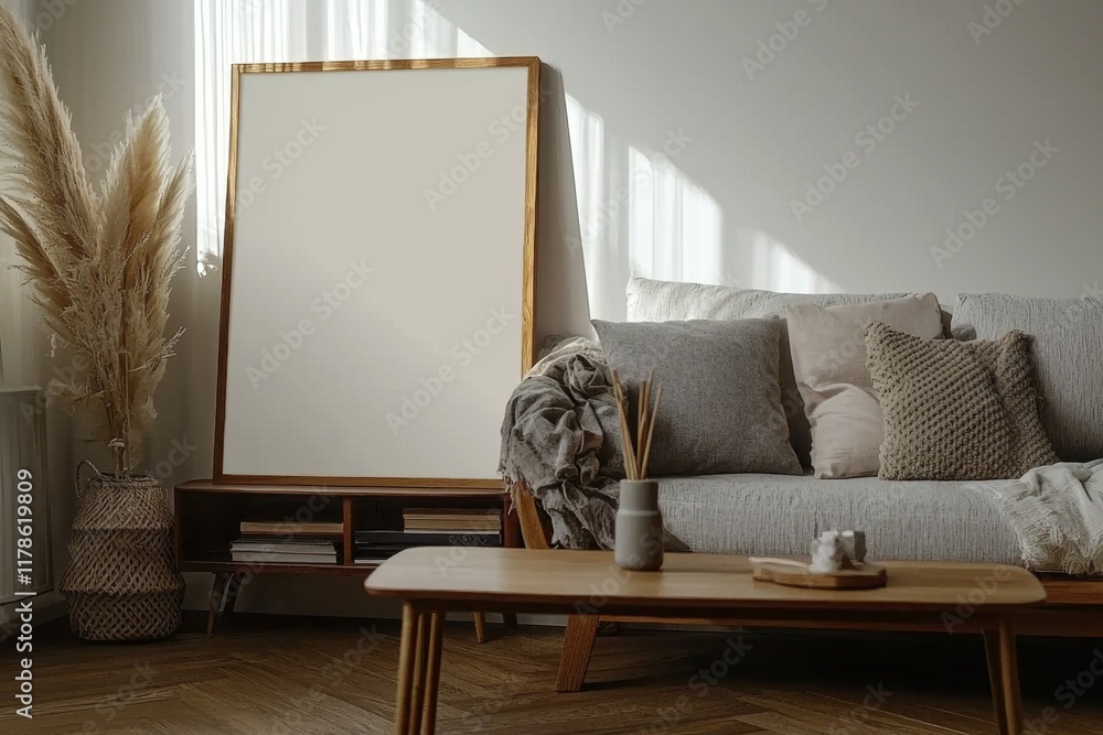 Cosy minimal Scandinavian living room with sofa, mock up white frames Cosy minimal Scandinavian living room with sofa, mock up white frames