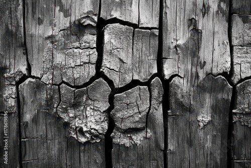 Cracked charred wood texture, close-up, dark background, design element photo