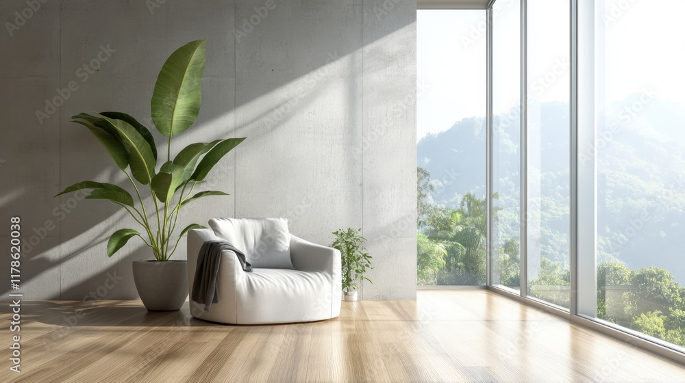 Fototapeta premium Bright, elegant loft with polished concrete walls, wood flooring, and a cozy cloth chair near the large window.