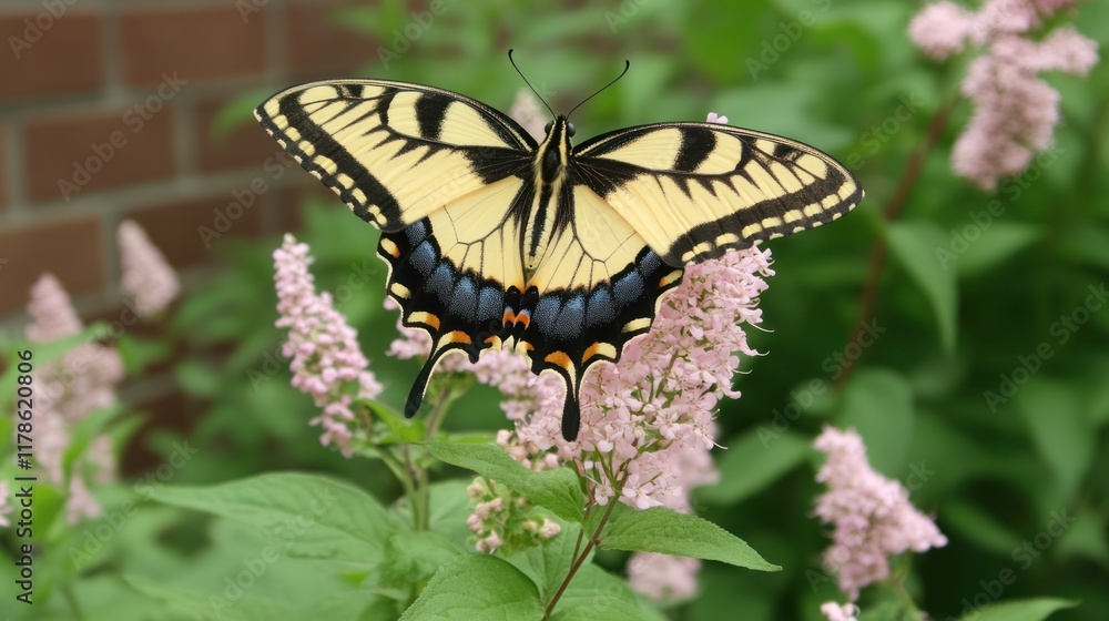 A butterfly perched on pink flowers in a garden, showcasing nature's beauty. A butterfly perched on pink flowers in a garden, showcasing nature's beauty.