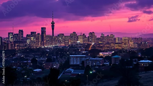 This video captures a nighttime view of a city from a hill, showcasing the city lights and urban skyline, Johannesburg's skyline in the shadow of sunset