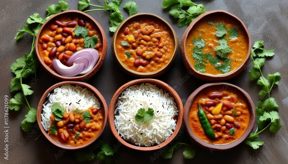 Traditional Indian Rajma in Bowls with Toppings and Rice Surrounded by Fresh Herbs Traditional Indian Rajma in Bowls with Toppings and Rice Surrounded by Fresh Herbs