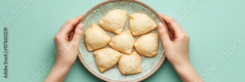 Festive Hamantaschen Cookies on Ornate Plate for Purim, Christmas, and Thanksgiving photo