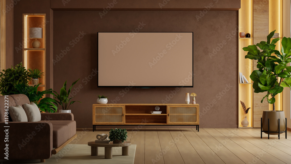 TV room interior in brown mocha mousse 2025 color with modern decoration - 3D rendering TV room interior in brown mocha mousse 2025 color with modern decoration - 3D rendering