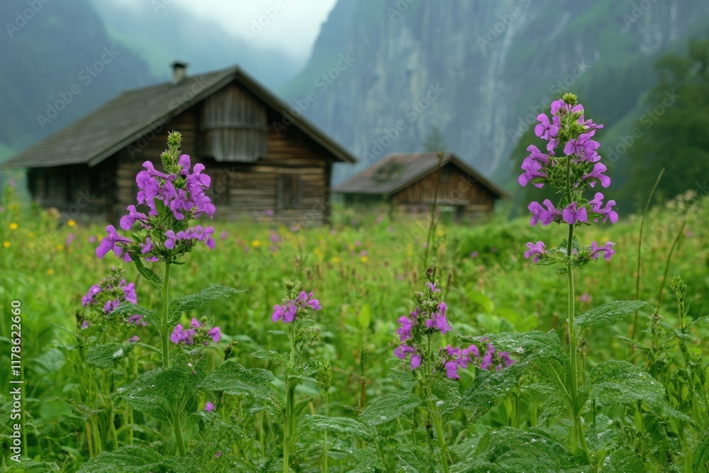 Charming Alpine Village: Wengen's Wooden Cabins Surrounded by Wildflowers in the Stunning Lauterbrunnen Valley, Swiss Alps Charming Alpine Village: Wengen's Wooden Cabins Surrounded by Wildflowers in the Stunning Lauterbrunnen Valley, Swiss Alps