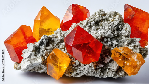 Red realgar crystals with orpiment on white, arsenic mineral. photo