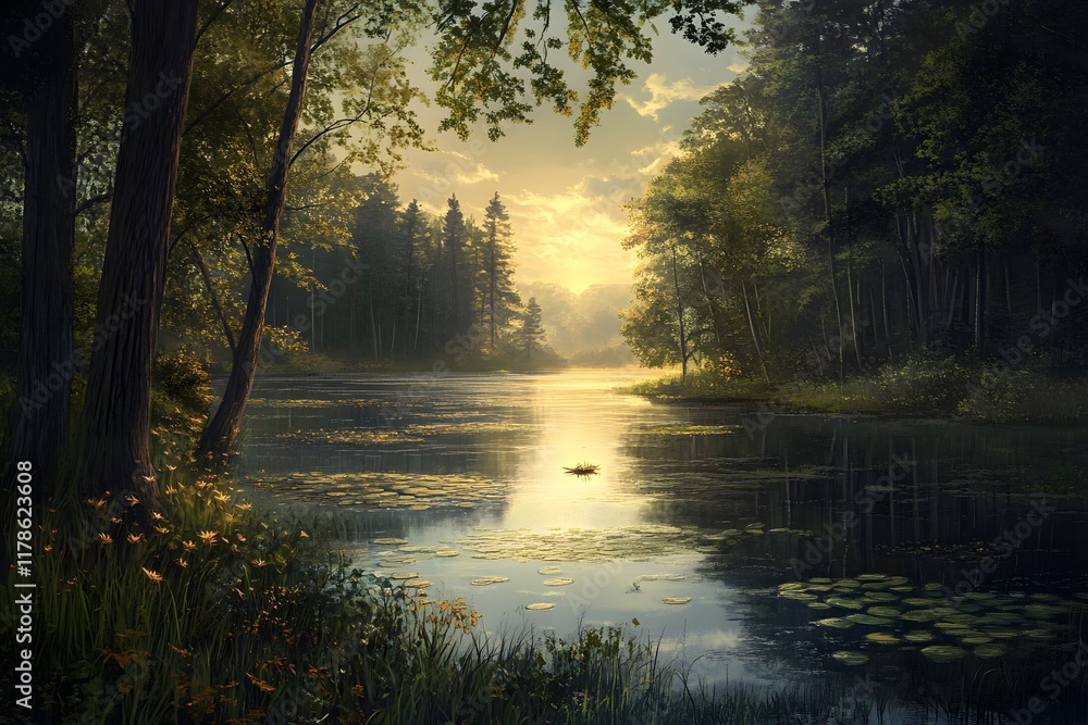Serene sunset over a tranquil lake surrounded by lush trees. Serene sunset over a tranquil lake surrounded by lush trees.