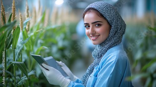 Arabian woman farmer agronomist using digital tablet for examining corn