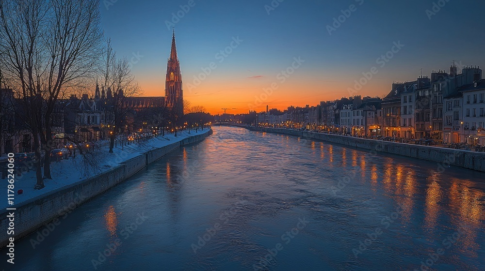 Sunset over a snowy river with city buildings and a church spire Sunset over a snowy river with city buildings and a church spire