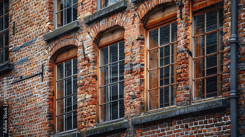 Fototapeta premium A close-up of a brick wall featuring multiple windows with wooden frames.
