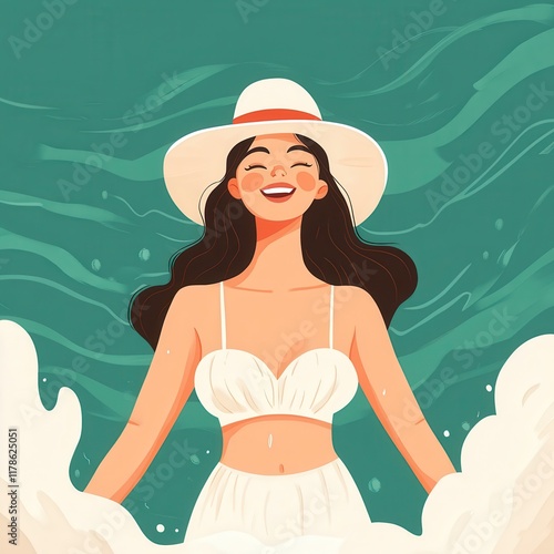 A joyful woman splashing water in a bright, illustrated beach scene, centered with waves forming playful patterns around her photo