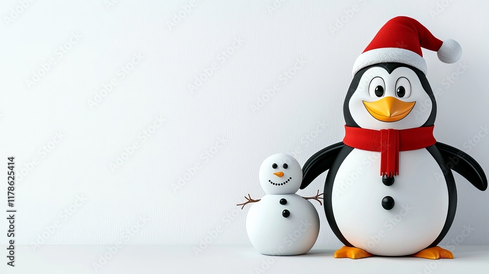 Playful Penguin with Snowman in Winter Scene Playful Penguin with Snowman in Winter Scene