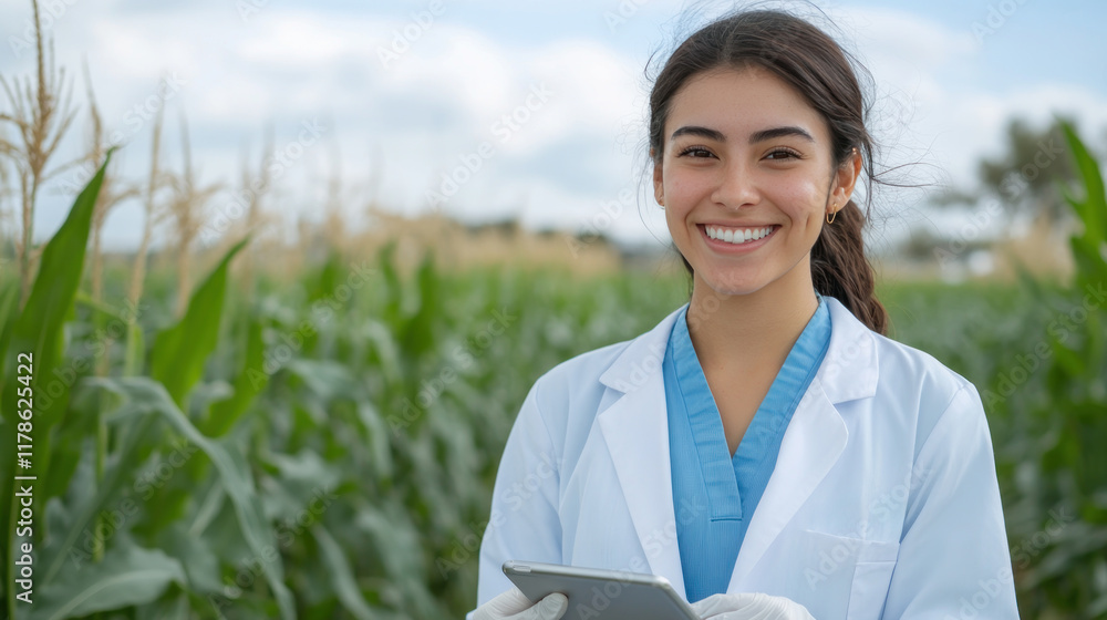 Hispanic woman farmer agronomist using digital tablet for examining corn Hispanic woman farmer agronomist using digital tablet for examining corn