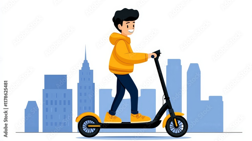 Cartoon Person Riding Electric Scooter in Urban Setting Cartoon Person Riding Electric Scooter in Urban Setting