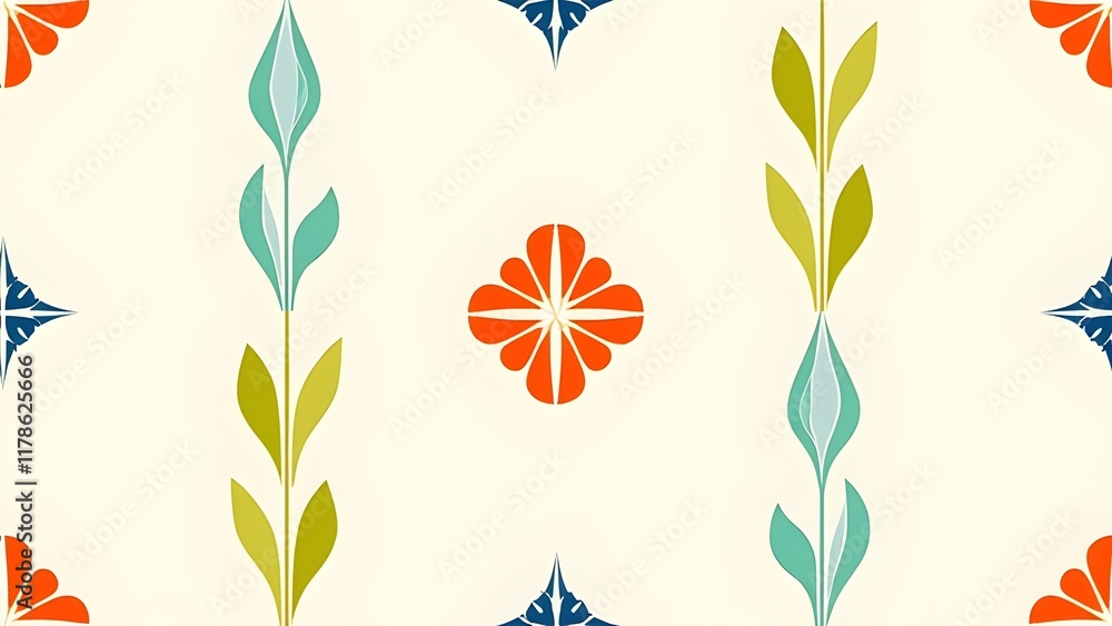 Geometric Floral Design in 1960s Style with Aqua and Turquoise Hues Geometric Floral Design in 1960s Style with Aqua and Turquoise Hues