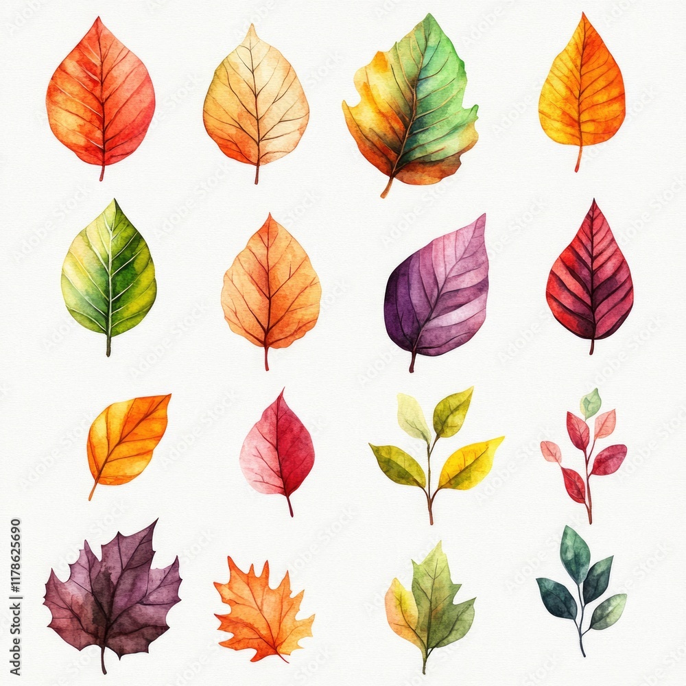 Collection of Watercolor Fall Leaves. Artistic Depictions of Autumn Foliage in Vibrant Hues Collection of Watercolor Fall Leaves. Artistic Depictions of Autumn Foliage in Vibrant Hues