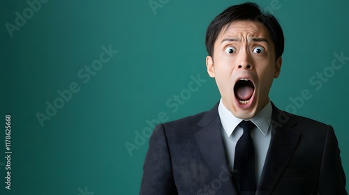 Surprised and Excited Businessman Wearing Formal Suit and Tie Screaming or Shouting with Shocked Facial Expression and Dramatic Gesture in Studio with Green Background photo