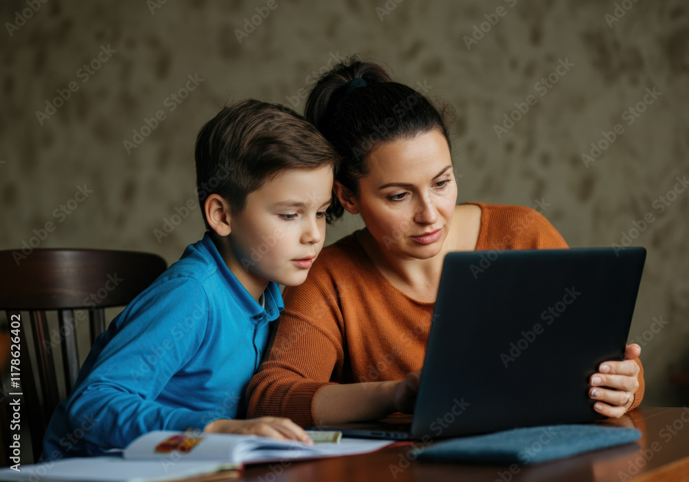 Mother and Son Studying Together on Laptop Mother and Son Studying Together on Laptop