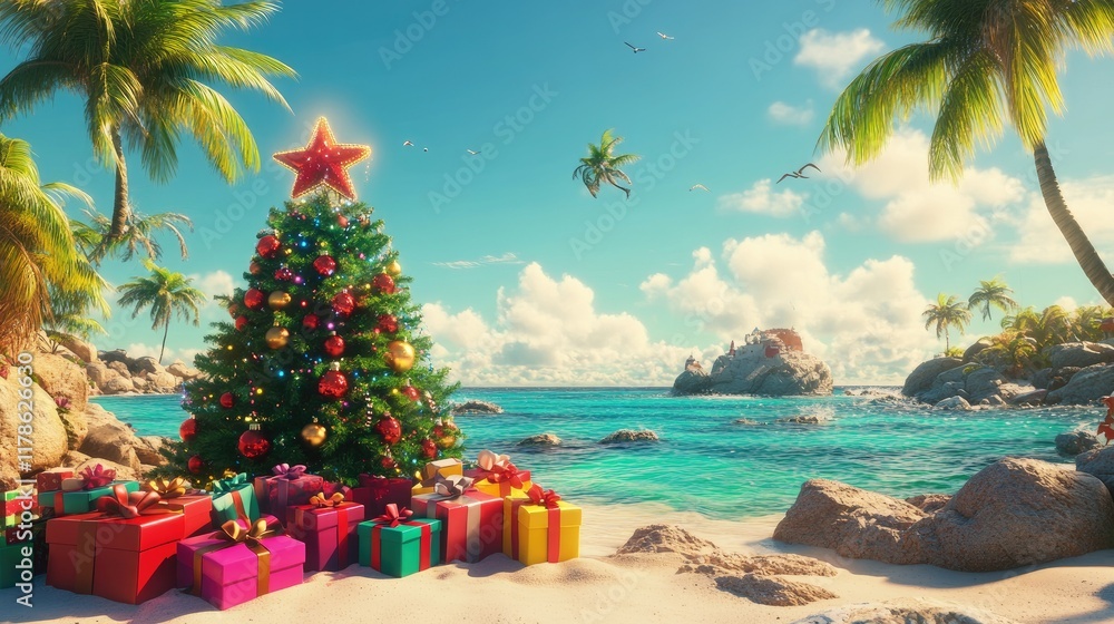 Obraz premium A vibrant Christmas tree surrounded by gift boxes, set on a beach with turquoise waters and palm trees in the distance.