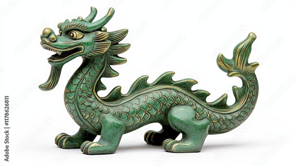Fototapeta premium Green Dragon Statue Isolated on White Background