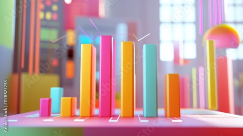 A dynamic D bar chart with colorful bars rising from a flat surface, representing financial data trends, set against a modern digital dashboard interface. photo