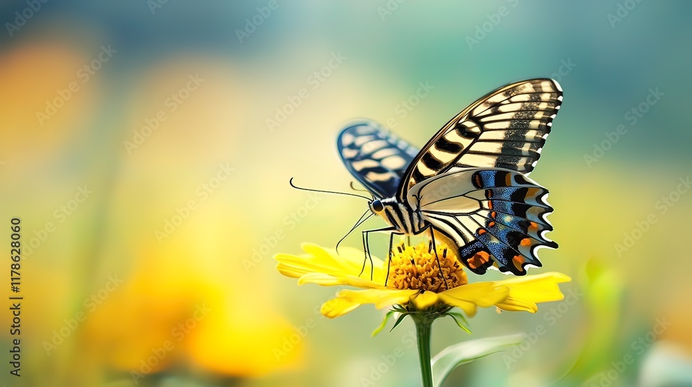 A colorful butterfly perched on a yellow flower in a vibrant garden.