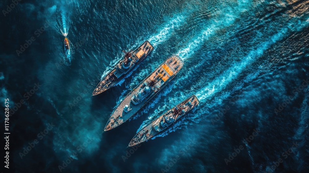 Aerial View of Naval Fleet in a Serene Bay with Fishing Vessel - Military Power in Vibrant Blues Aerial View of Naval Fleet in a Serene Bay with Fishing Vessel - Military Power in Vibrant Blues