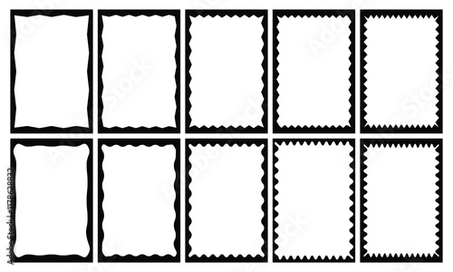 Set or rectangular shapes with squiggly borders. Geometric zig zag wavy stickers. Best frame for your design.  Picture or photo frames, empty text boxes, tags, vector illustration