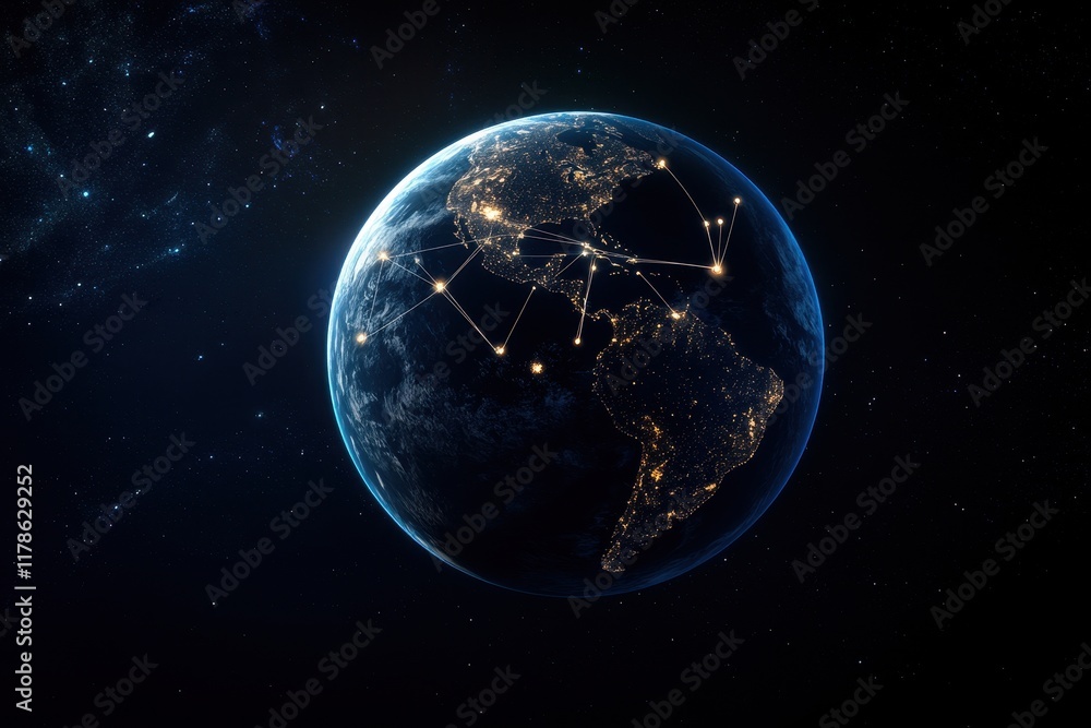 Obraz premium Global network connections, Earth at night, space background, data visualization (1)