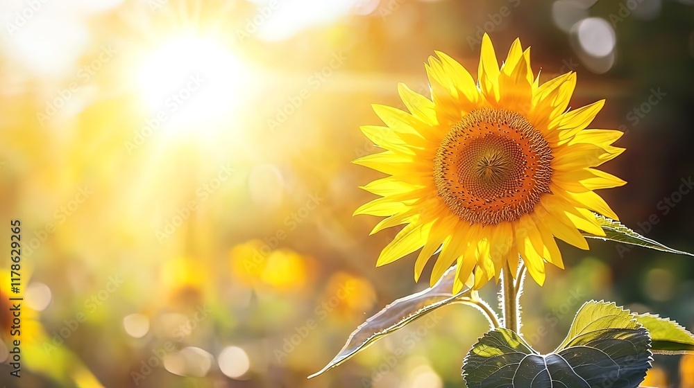 Naklejka premium A single sunflower in a field at sunset.