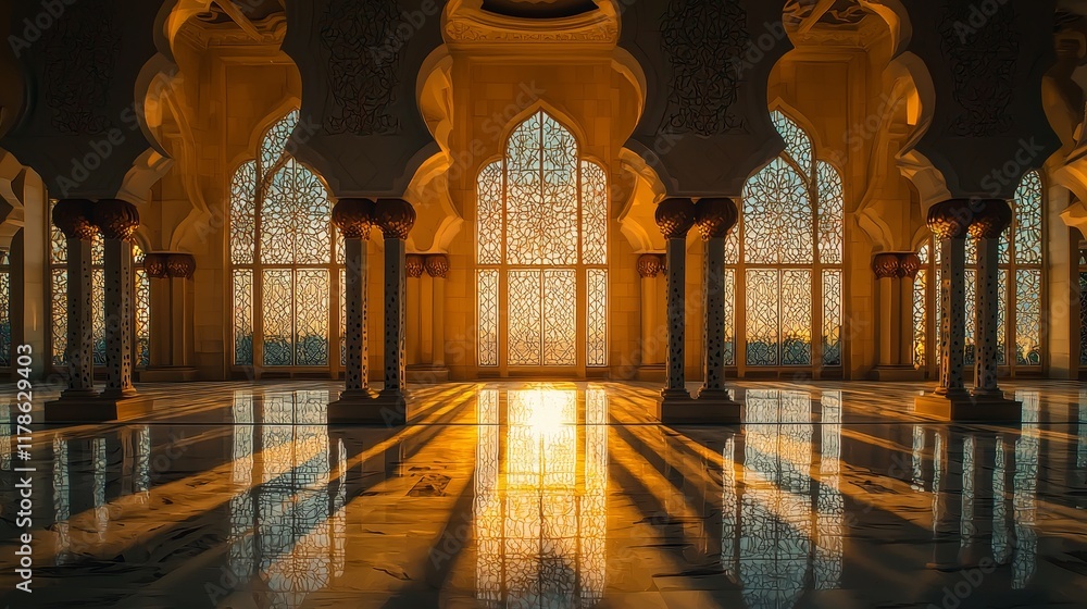 Fototapeta premium Majestic mosque interior bathed in golden sunlight reflecting on marble floors