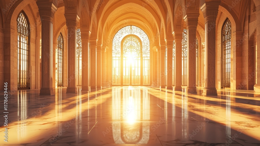 Majestic mosque interior bathed in golden sunlight reflecting on marble floors Majestic mosque interior bathed in golden sunlight reflecting on marble floors