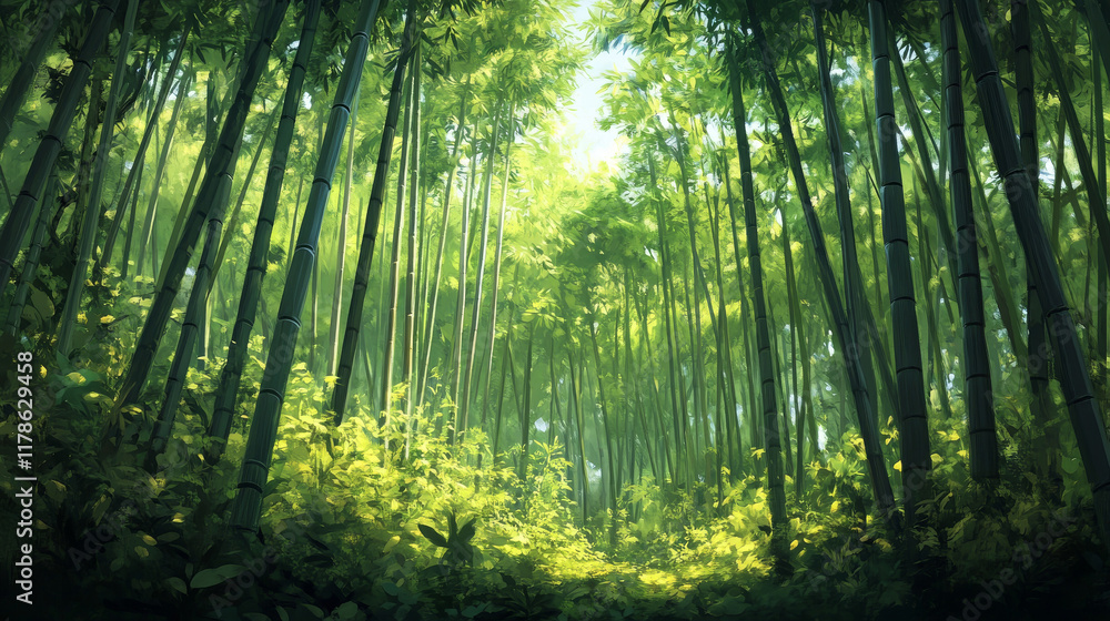Obraz premium beautiful, A dense bamboo forest with tall, slender trees reaching towards the sky, creating an immersive green backdrop.