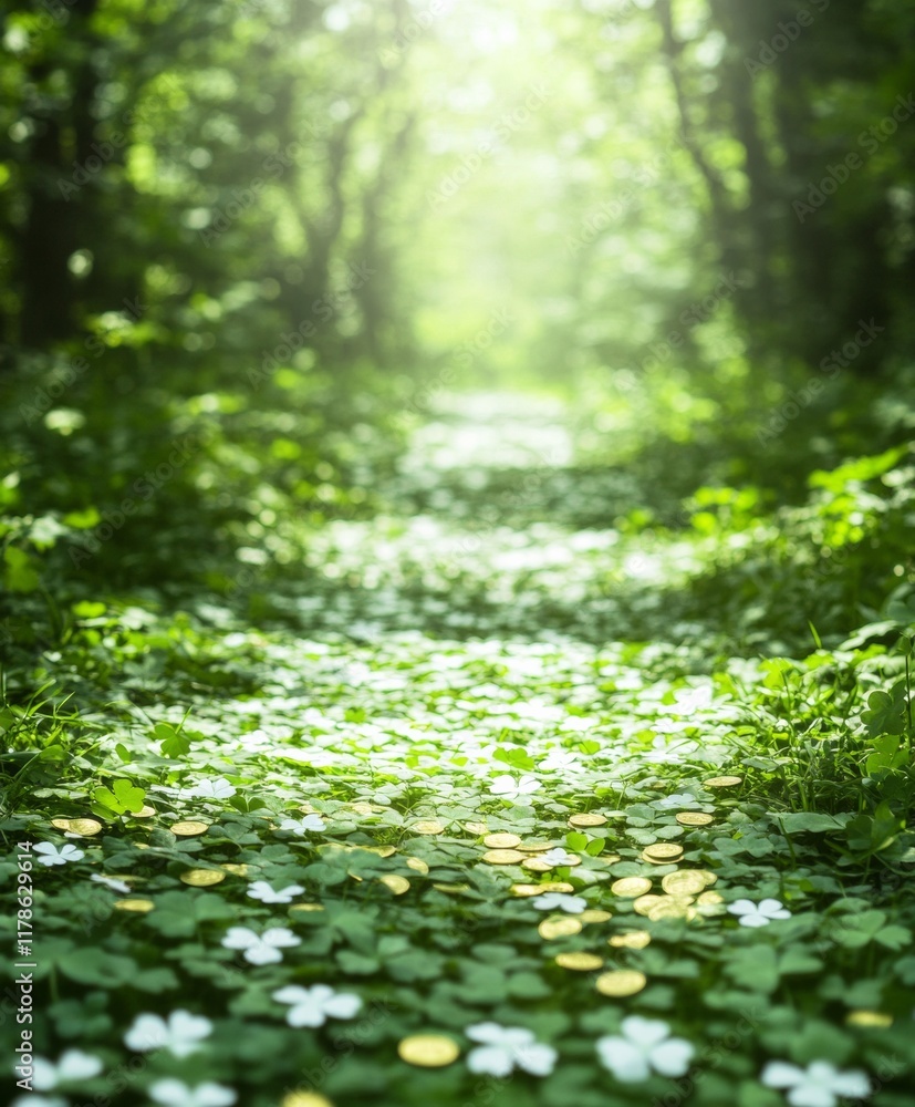 Fototapeta premium Festive Forest Path with Shamrocks and Golden Coins - Perfect for Saint Patricks Day, Easter, and Spring Celebrations