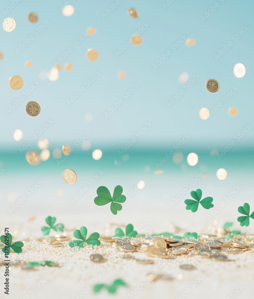 Naklejka premium Festive Beach Decor with Green Shamrocks and Gold Coins for Saint Patricks Day, Easter, and Thanksgiving