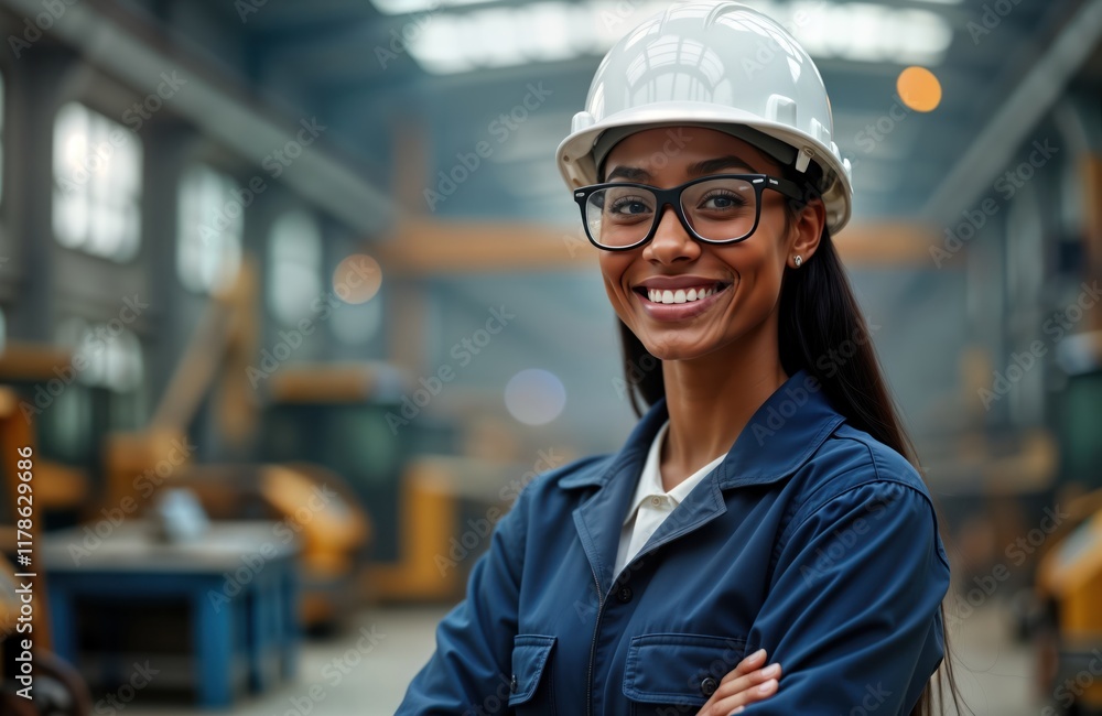 Smiling black female engineer in hard hat, safety glasses stands confidently at industrial site. Pro technician, success, achievement in manufacturing energy sector. Diverse, inclusive role model Smiling black female engineer in hard hat, safety glasses stands confidently at industrial site. Pro technician, success, achievement in manufacturing energy sector. Diverse, inclusive role model