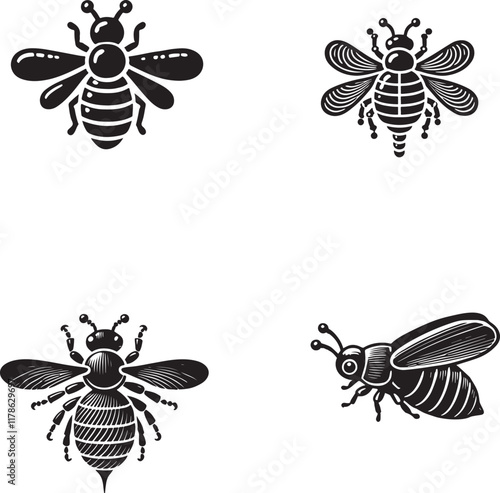 Elegant Silhouettes of the White Tailed Bumblebee Isolated on a White Background in Monochrome Art Style