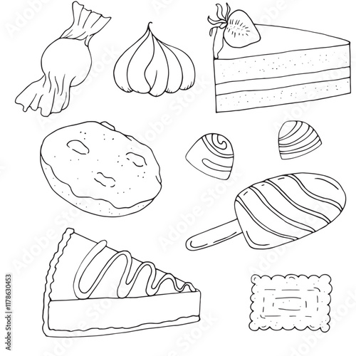 desserts - cakes, pies, cheesecake, cookies, candies, chocolate marshmallows, vector set of black and white doodle elements, coloring book, cute design element