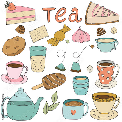 desserts - cakes, pies, cheesecake, cookies, candies, chocolate marshmallows, mugs, cups, saucers, drinks, tea and coffee, tea setvector set of color doodle elements cute design element