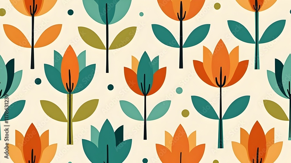 Mid-Century Modern Vector Pattern with Orange and Aqua Blue Florals Mid-Century Modern Vector Pattern with Orange and Aqua Blue Florals